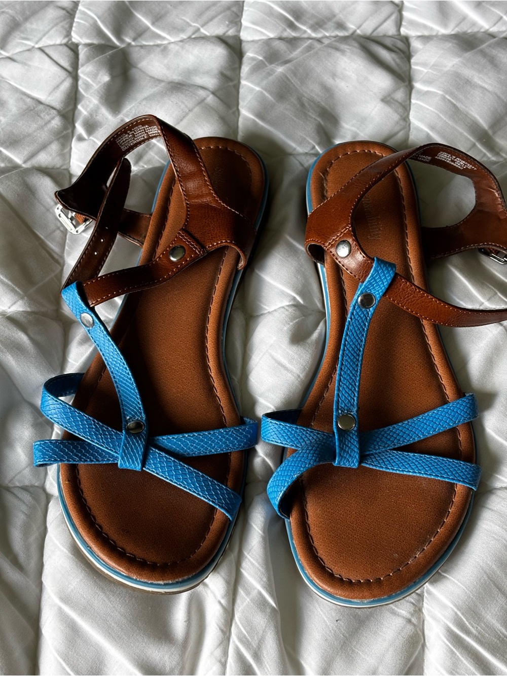 Girls Brown and Blue Strappy Sandals with Adjustable Ankle Strap